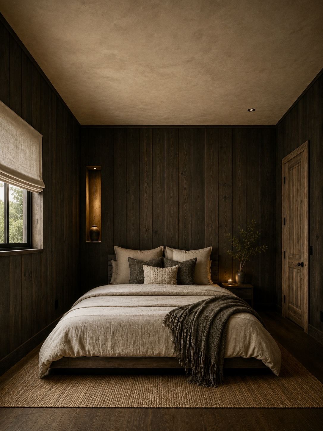 Dark wood paneled bedroom