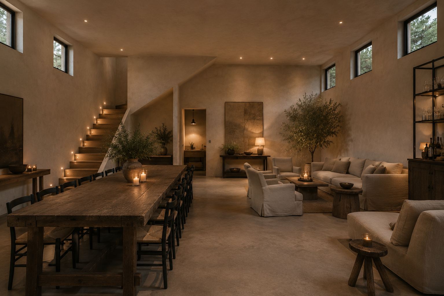 Great room with long communal dining table