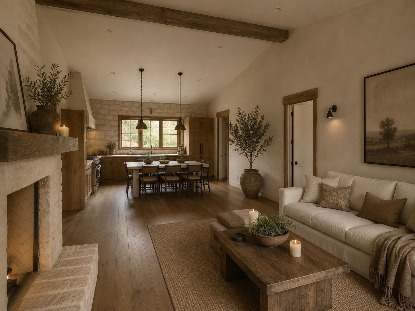 Open living and kitchen with stone hood