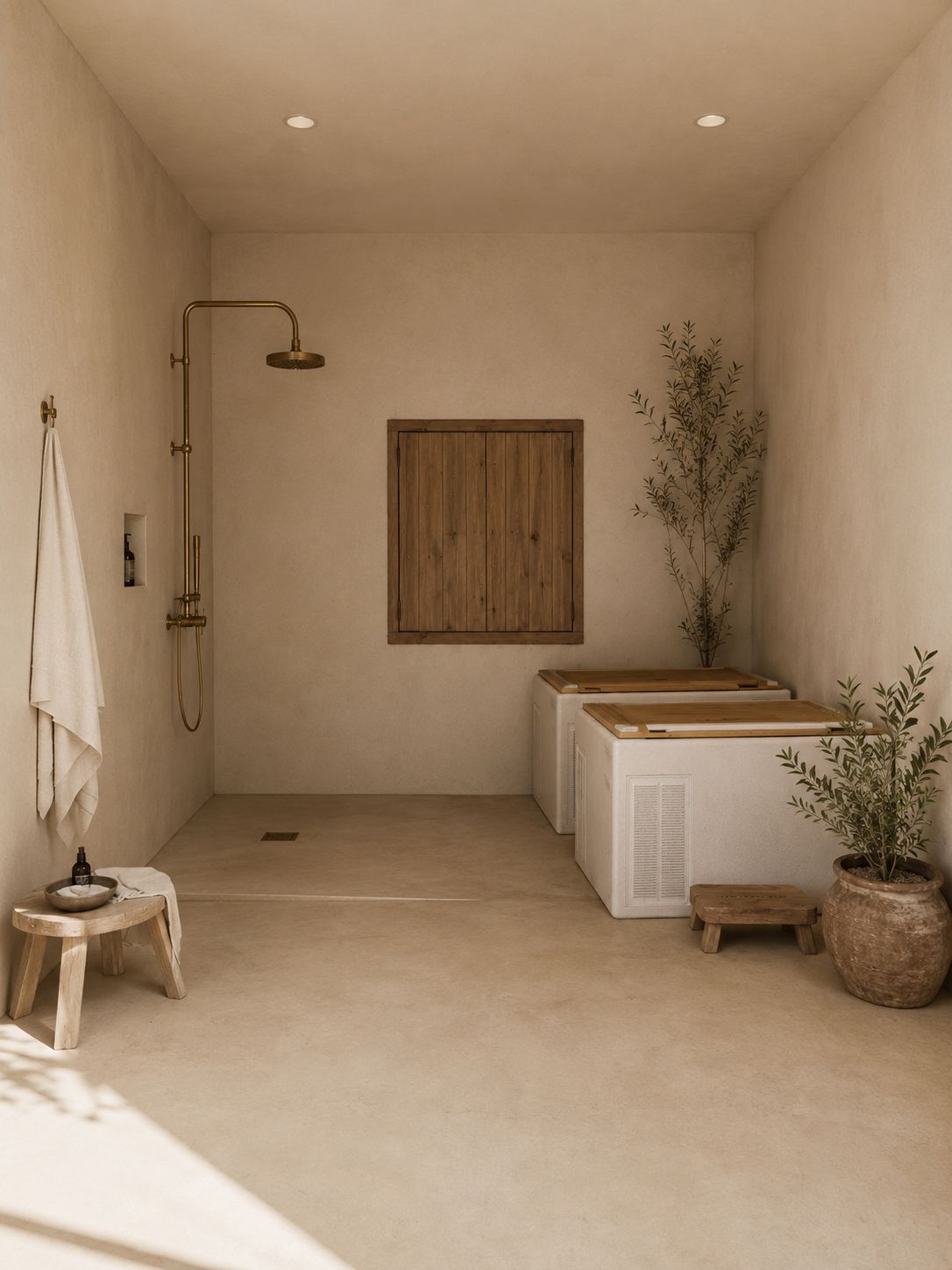 Plaster spa room with cold plunge and sauna units